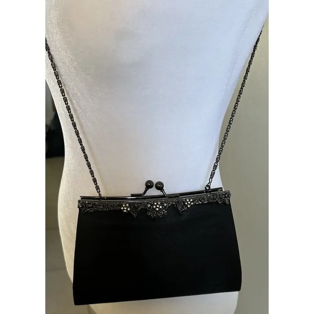 Jessica McClintock Black SatinPurse Chain Shoulder Strap KissLock Clutch Bag